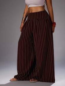Rustia Plus Size Casual Striped Wide Leg Pants Fall - Brown - View 5