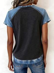 EMERY ROSE Women's Round Neck Color Block Casual Versatile Daily Wear Short Sleeve T-Shirt - Multicolor - View 2