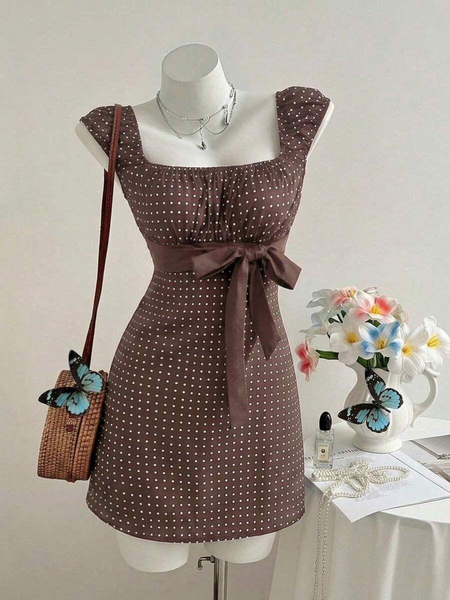 Elamini 女款波點蝴蝶結裝飾休閒日常穿著洋裝 - 棕色 - 查看 1