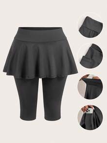 SHEIN EZwear 大尺碼女款純色休閒百搭日常穿著緊身內搭褲 - 深灰色 - 查看 1