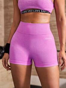 Powerista Contrast Color Letter Webbing Trim Fitted Sports Shorts Fitness Workout Yoga Running Gym Pink Fashion Summer Autumn Casual - Pink - View 3