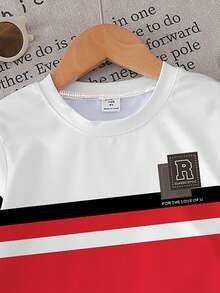 SHEIN Coolqubz 1套小男孩紅色條紋拼色印花短袖T恤與短褲套裝，時尚休閒百搭，適合夏季出遊、上學、運動 - 彩色 - 查看 5