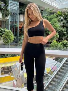 Menodora SHEIN Sport Menodora SHEIN Sport 女士黑色针织高弹力休闲运动露背单肩短款上衣文胸 - 黑色 - 查看 3