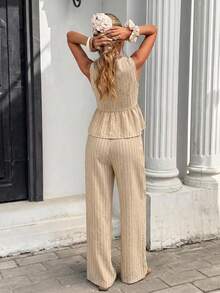 Serisse Casual Minimalist Khaki Striped Women's 2 Pieces Set, Suitable For Summer - Apricot - View 3