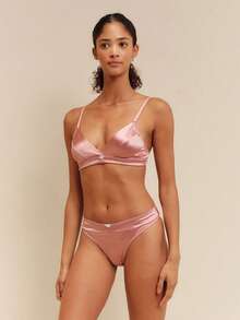 lacRébo Pink Stretch Satin Lingerie Set With Triangle Bra, Matching Brief And Flower Trim Cute Romantic - Pink - View 4