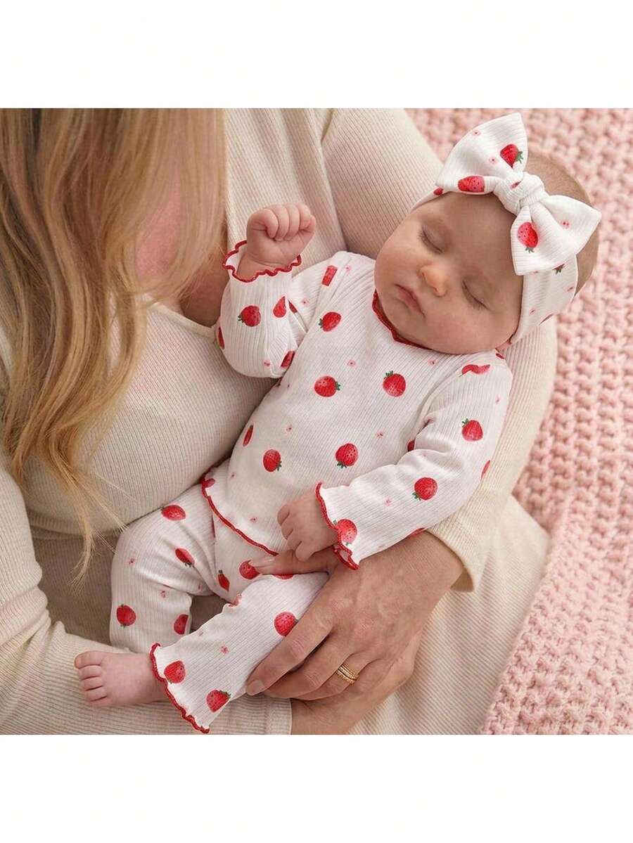 SHEIN 2 Pieces Newborn Cute Cartoon Pattern Ruffled Round Neck Short-Sleeve Knitted Comfortable Fit Pajama Set (Two Pieces) - Multicolor - View 1