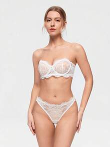 Bonmuse 2pcs White Lace Bandeau Bra Set, Delicate Lace Transparent & Sexy, Strapless Design Suitable For Bandeau Outfits, Sweet & Alluring, Suitable For Multiple Occasions And Groups, Underwire Style For Better Lift And Support - White - View 3