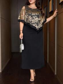 Modelyn Plus Size Women's Shawl Cape 2 In 1 Sleeveless Round Neck Fitted Elegant Party Comfortable Spring/Summer Outing Dress - Black - View 8