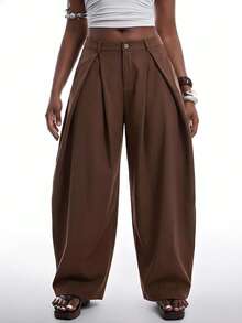 SHEIN EZwear 大码休闲街头风宽松弧形裤脚棕色长裤，秋冬款 - 棕色 - 查看 5