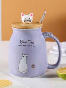 Zazumi Cute Cartoon Cat Ceramic Cup With Lid Spoon, Large Capacity Mug, Home Coffee Cup, Breakfast Milk Water Cup, Suitable For Valentine's Day Gift, Birthday Gift, Christmas Gift - Multicolor - View 13
