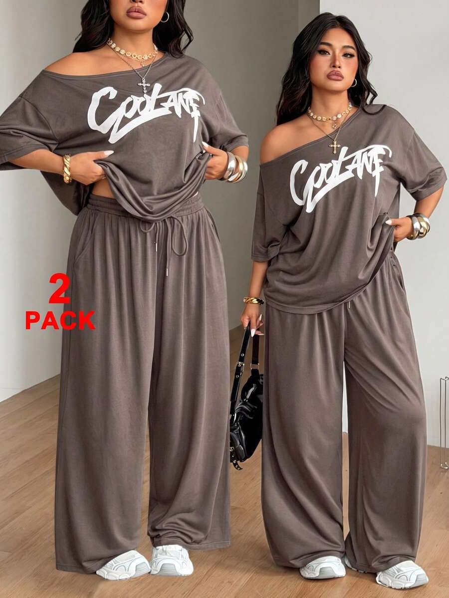 Coolane 大尺碼女款字母印花不對稱肩落肩袖T恤與寬腿褲休閒兩件套