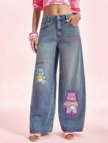 SHEIN X Care Bears 女款休閒日常牛仔褲，附口袋、鈕扣與卡通圖案 - 藍色 - 查看 4