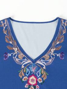 EMERY ROSE Women's V-Neck Printed Short Sleeve Blouse, Casual Matrix Versatile, Office Night Vacation Blue And Yellow Summer - Multicolor - View 3