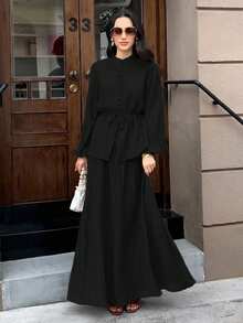 Solavon Women's Solid Color Long Sleeve Tie Decor Shirt And Skirt Two Pieces Set Tea Party Black Autumn Elegant Modest - Black - View 8