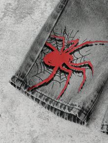 SHEIN Pantalones cortos de mezclilla casuales para niños y jóvenes con bolsillos, botones y estampado de araña con letras - Lavado ligero - Ver 6