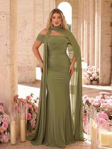 Glamrae Plus Size Olive Green Spring Elegant Formal Prom Wedding Chiffon Off-Shoulder Shaping Fish Bone Fish Tail Pleated Side Drape Multi-Wear Halter Dress - Green - View 7