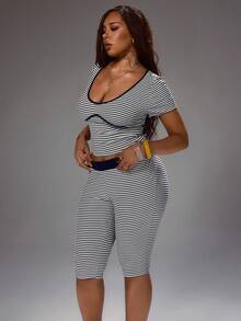 Rustia Damen Große Größen 2-teiliges Set, Strandurlaub minimalistisch lässig Street Sweet gestreift strukturiert Farbblock Kurzarm Top und 3/4 Hose, eleganter neuer Stil - Schwarz und Weiss - Übersicht 4