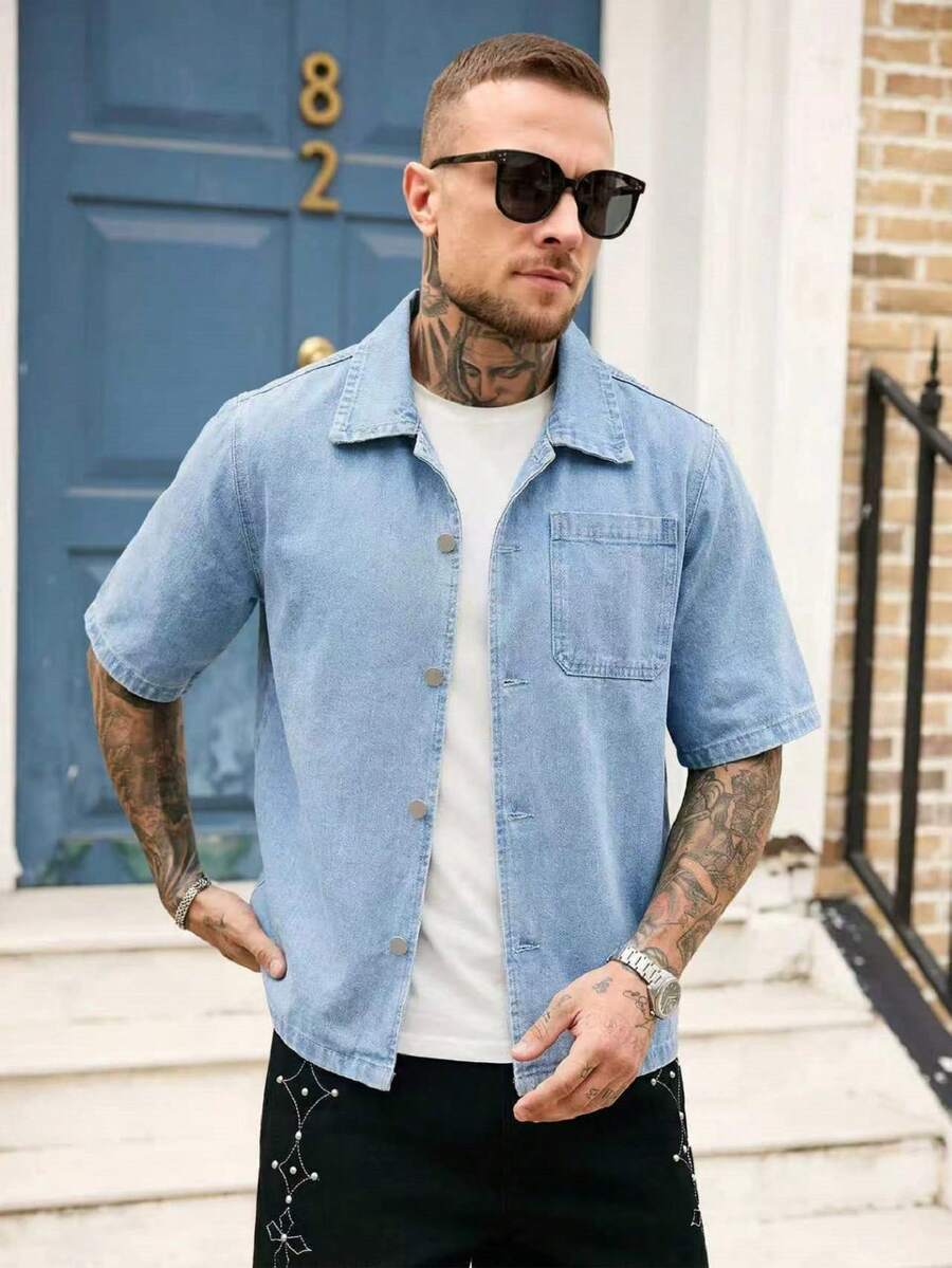 GALLERY FADE Áo sơ mi denim nam tay ngắn, màu trơn, cài cúc phía trước và có túi, kiểu dáng thường ngày. - Màu xanh lam - Xem 1