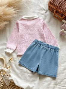 Vintaside Kids 2pcs/Set Baby Girl Comfortable Casual Fashion Pink Textured Fabric Contrast White Collar Cute Bow Embroidery Long Sleeve Top And Denim Shorts 3D Bow Fashion Versatile Two Pieces Outfit Suitable For Spring And Autumn Daily Wear - Multicolor - View 2