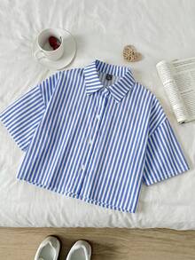 SHEIN Tween Girl Casual Daily Fashion Yellow & Black Striped Loose Short Sleeve Shirt - Blue - View 4