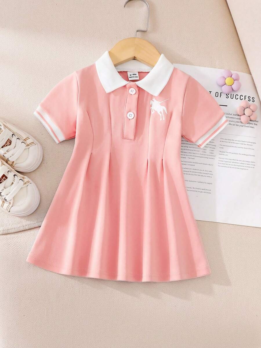 SHEIN 女嬰皇家藍休閒洋裝，1件，羅紋領口、羅紋袖口，熱門馬匹印花，適合居家、休閒、運動、派對
