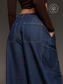 BAD SUNDAY Women's Fashion Versatile Button Pocket Loose Wide Leg Denim Jeans - Dark Wash - View 5
