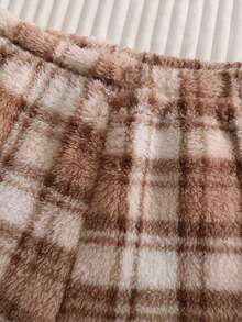 SHEIN 2pcs/Set Men's Round Neck Bear Embroidery Plaid Print Fuzzy Casual Long Sleeve Pants Warm Soft Fleece Loungewear Set Autumn - Apricot - View 5