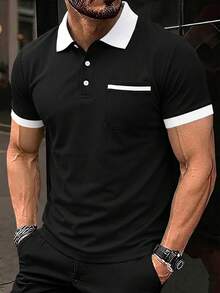 Manfinity CasualCool 男士對比色休閒通勤短袖 Polo 衫 - 黑與白 - 查看 3