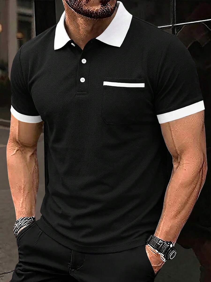 Manfinity CasualCool Men's Contrast Color Casual Commute Short Sleeve Polo Shirt - Black and White - View 1
