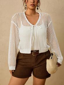 Travachic Plus Size French Vacation Hollow Out Tie-Front Long Sleeve Knit Cardigan - White - View 7