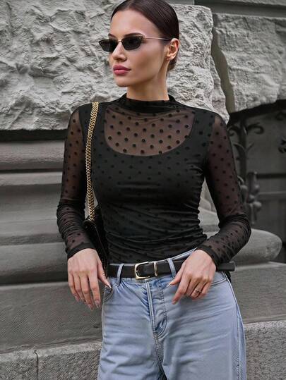 Ontre Women's Black Polka Dot Pattern High Elastic Mesh Fabric Comfortable Material Slim Fit Regular Shoulder Long Sleeve Mock Neck Base Layer Top With Lace Trim Decoration And Patchwork Design, Versatile For All Seasons, Modern Urban Fashion Business Casual Office Wear, Low-Key Old Money Style Elegant Commuter Airport Women's Top