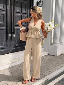 Serisse Casual Minimalist Khaki Striped Women's 2 Pieces Set, Suitable For Summer - Apricot - View 2