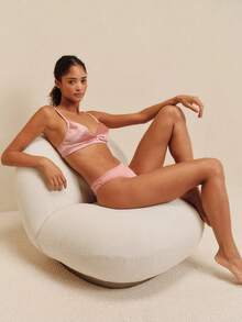 lacRébo Pink Stretch Satin Lingerie Set With Triangle Bra, Matching Brief And Flower Trim Cute Romantic - Pink - View 1