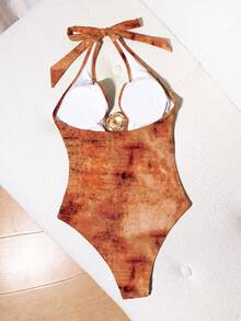 Bonvoyette Women's Spring/Summer Fashion Printed One-Piece Swimsuit With Metal Decor, Halter Neck, Open Back, Beach Vacation Style - Orange - View 2