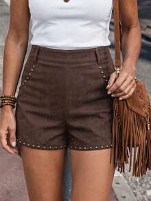 LanaWest Women's Summer Casual Vacation Brown Cut-Out Waist Side Pocket Rivet Decorated A-Line Shorts - Brown - View 1