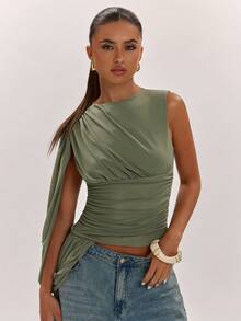 SHEIN BAE Women's Autumn Olive Green Elegant One-Shoulder Asymmetrical Ruched Puff Sleeve Top, Suitable For Commuting, Casual, Elegant, Ruched, Outing, Work, Mesh Knit - Army Green - View 5