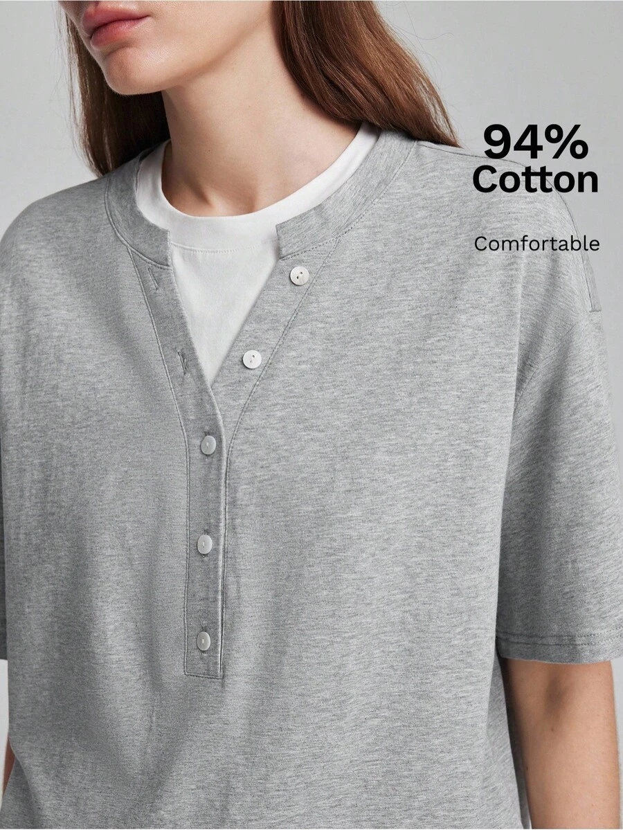 Ontre Camiseta para mujer de color gris y blanco con paleta de colores de baja saturación, tela cómoda, diseño 2 en 1 de ajuste holgado, hombros caídos, manga corta, diseño de patchwork en el dobladillo, versátil para todas las estaciones, moda urbana moderna, estilo casual de negocios, ropa de oficina, estilo discreto de dinero antiguo, elegante, de alta gama, para ir y venir, de alta calidad, atuendo de aeropuerto, estilo bohemio, ropa de vacaciones, diseño de tema minimalista neutro - Gris - Ver 1