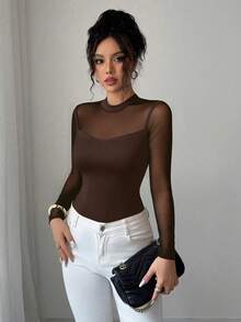 Elenzga Women's Autumn/Winter Elegant Solid Color Stretch Slim Fit Sheer Patchwork Long Sleeve Top - Brown - View 5