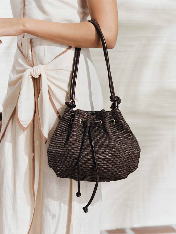 SHECARRY Bolso de hombro marrón de moda para mujer, bolso cubo de bomba tejido vintage exquisito para vacaciones, viajes, , playa, bohemio