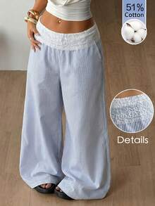 Coolane Women's Summer Country Concert Going Out Beach Outfits Boho Vacation Basic Minimalist Contrast Lace Washed 51%Cotton Blue Strip Pants Curved Hem Pants - Blue - View 6