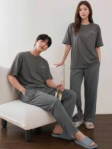 DAZY 男士夏季短袖T恤與波點長褲套裝居家休閒睡衣 - 灰色 - 查看 9