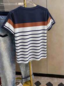 SHEIN Franclia 女款夏季海灘度假旅行校園休閒沿海時尚上衣 度假穿搭圓領短袖圖案T恤 海軍藍與白色 - 寶藍色 - 查看 2