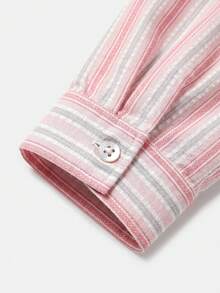 lacRébo 花卉刺繡條紋前開扣長袖襯衫 寬鬆版型 夏季度假 辦公通勤 - 彩色 - 查看 9