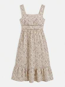 lacRébo Floral Print Short Cap Sleeves Square Neck Loose Fit Midi Dress With Lace Detail Summer Holiday Boho - Apricot - View 7