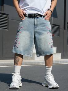 Manfinity EMRG 男士街頭風休閒刺繡大尺碼牛仔短褲 - 淺色水洗藍 - 查看 3