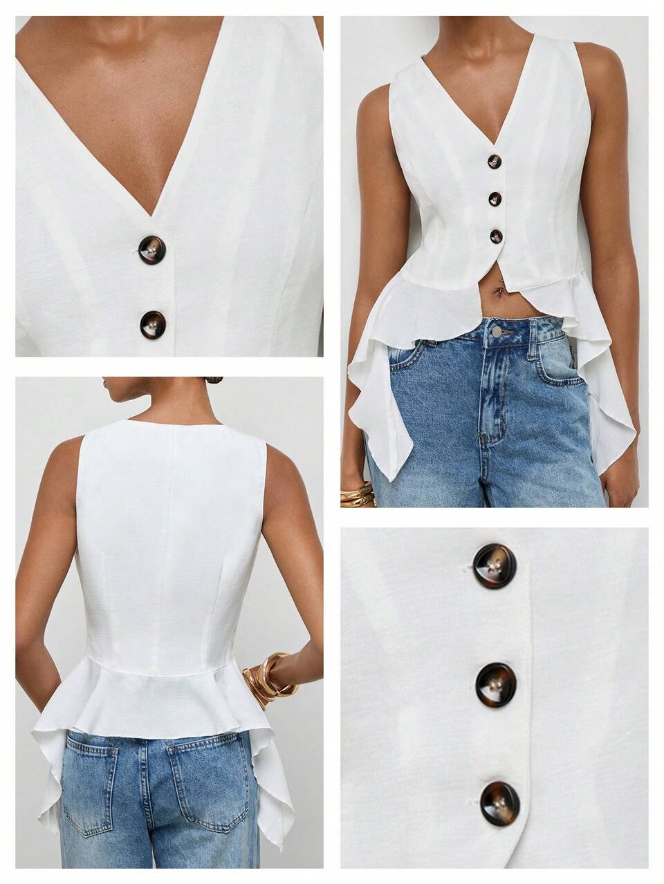 SHEIN Maija 여성용 화이트 탱크탑, 러플 헴과 비대칭 헴라인, 빈티지 올드 머니 교사 스타일, 로맨틱 패션