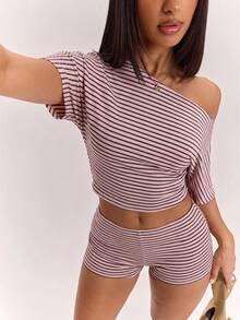 SHEIN BAE 女款休閒優雅單肩T恤與修身迷你短褲兩件套，條紋套裝，街頭風，適合日常通勤、約會、派對、秋冬、夏季、婚禮、海灘、畢業典禮，優雅休閒外出穿搭，Y2K - 彩色 - 查看 5