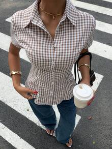 SHEIN EZwear Women's Elegant Preppy Sexy Casual Summer White And Brown Gingham Plaid Short Sleeve Button Down Shirt, Slim Fit Peplum Hem Collared Blouse, Brunch - Brown - View 8
