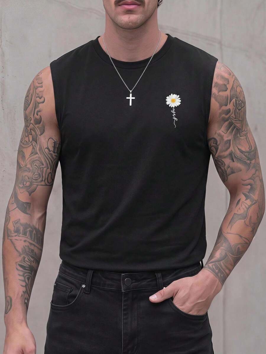 GENTILAND 男士椰子樹印花背心,無袖圖案度假時尚上衣,男友禮物,父親節禮物,街頭風,足球 - 黑色 - 查看 1