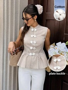 Serisse Women's Frog Button Design Green And White Striped Ruffle Hem Sleeveless Blouse Office Brunch Everyday Summer Elegant 60s 70s - Apricot - View 8